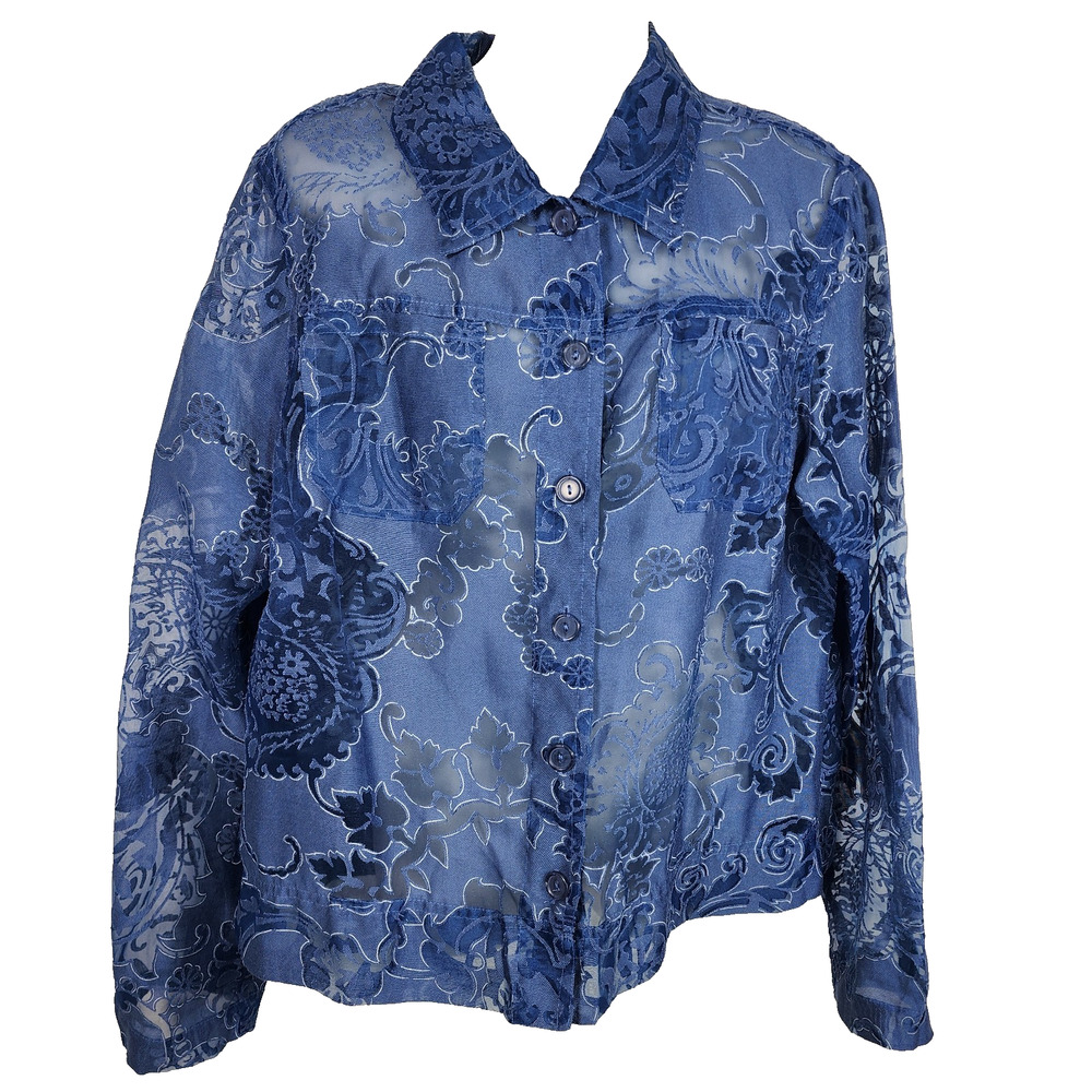 Erin London Womens Shirt Burnout Button Long Sleeve Blue Sheer Flax Blend Medium